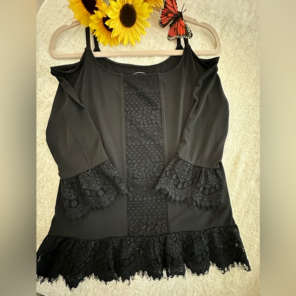 INC NWOT Stunning Black Cold Shoulder Lace Top with Drama Sleeves. Never Worn